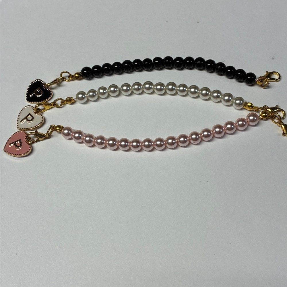 Girls Pearl Bracelet Set Pink Black White Heart Charm Initial P Gift